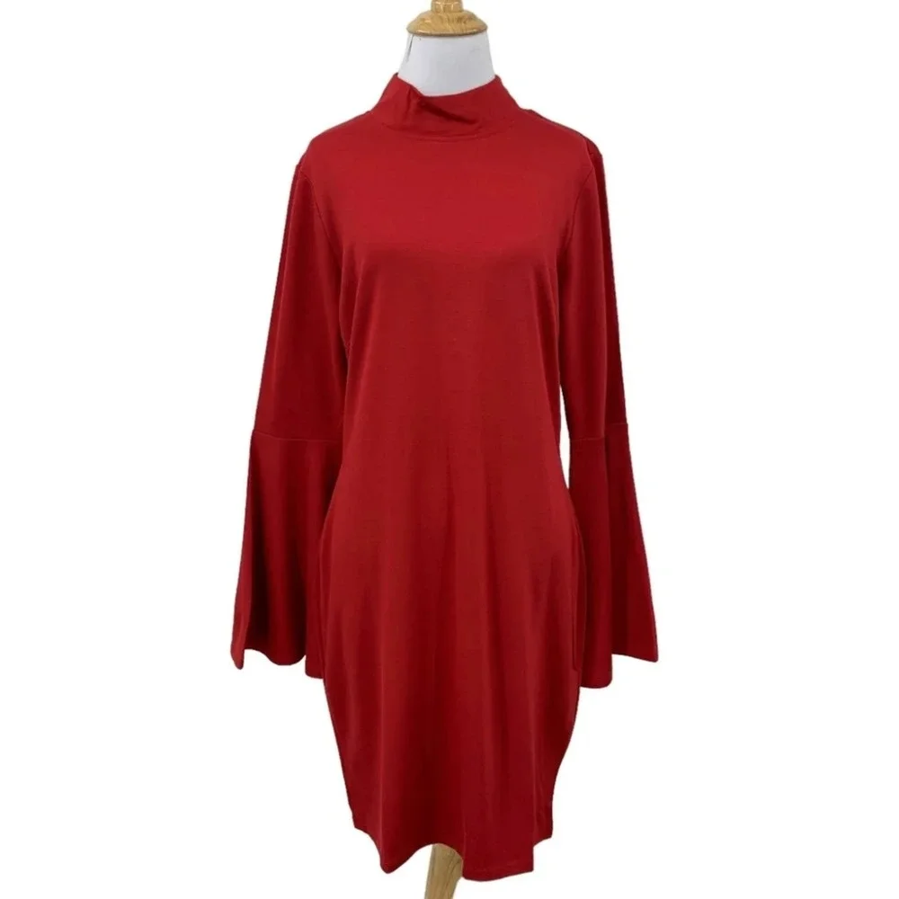Venus Long Bell Sleeve Mock Neck‎ Zip Back Bodycon Sheath Dress Size Large
